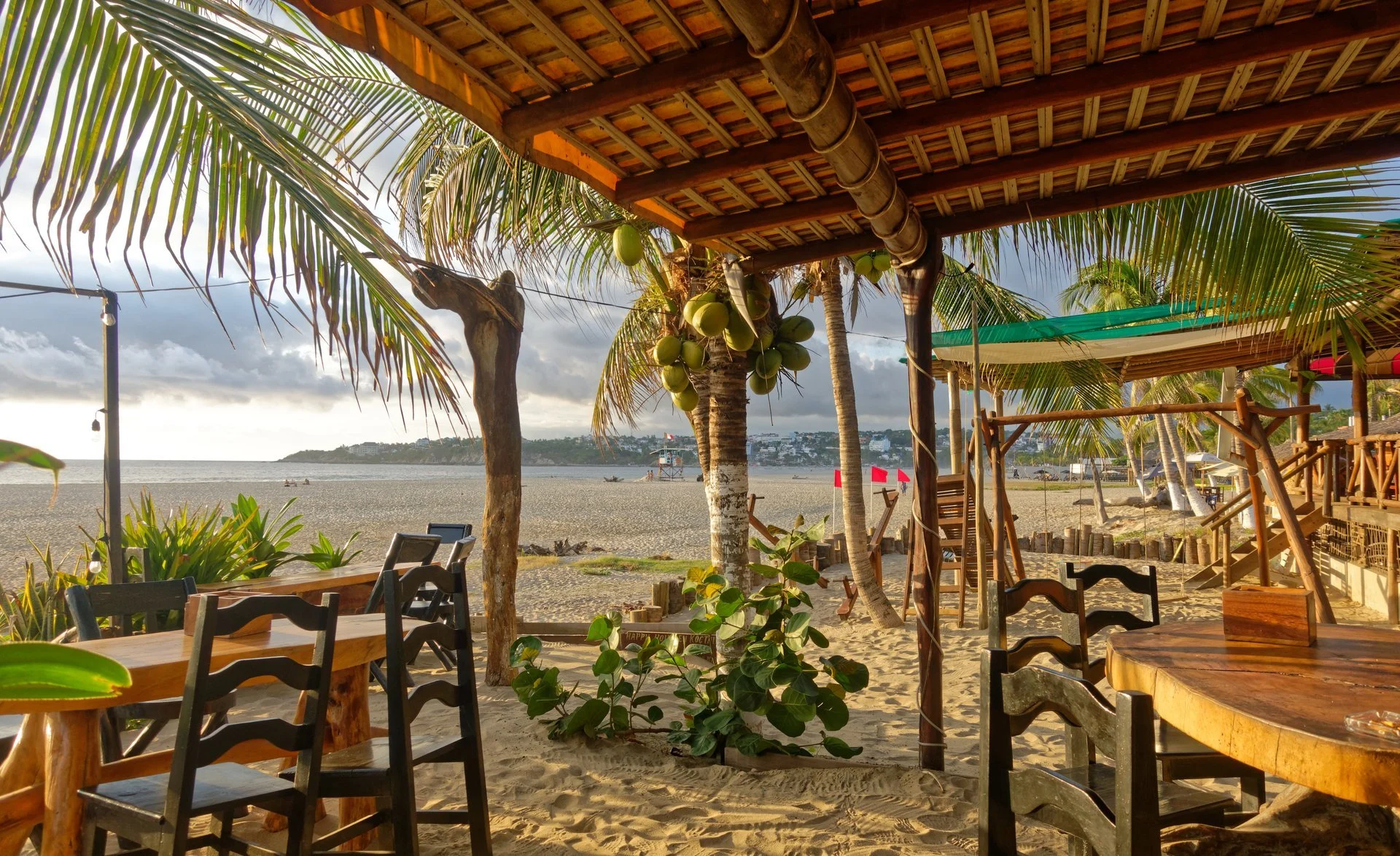 Terrasse de restaurant de plage avec palmiers et sable doré à Cannes