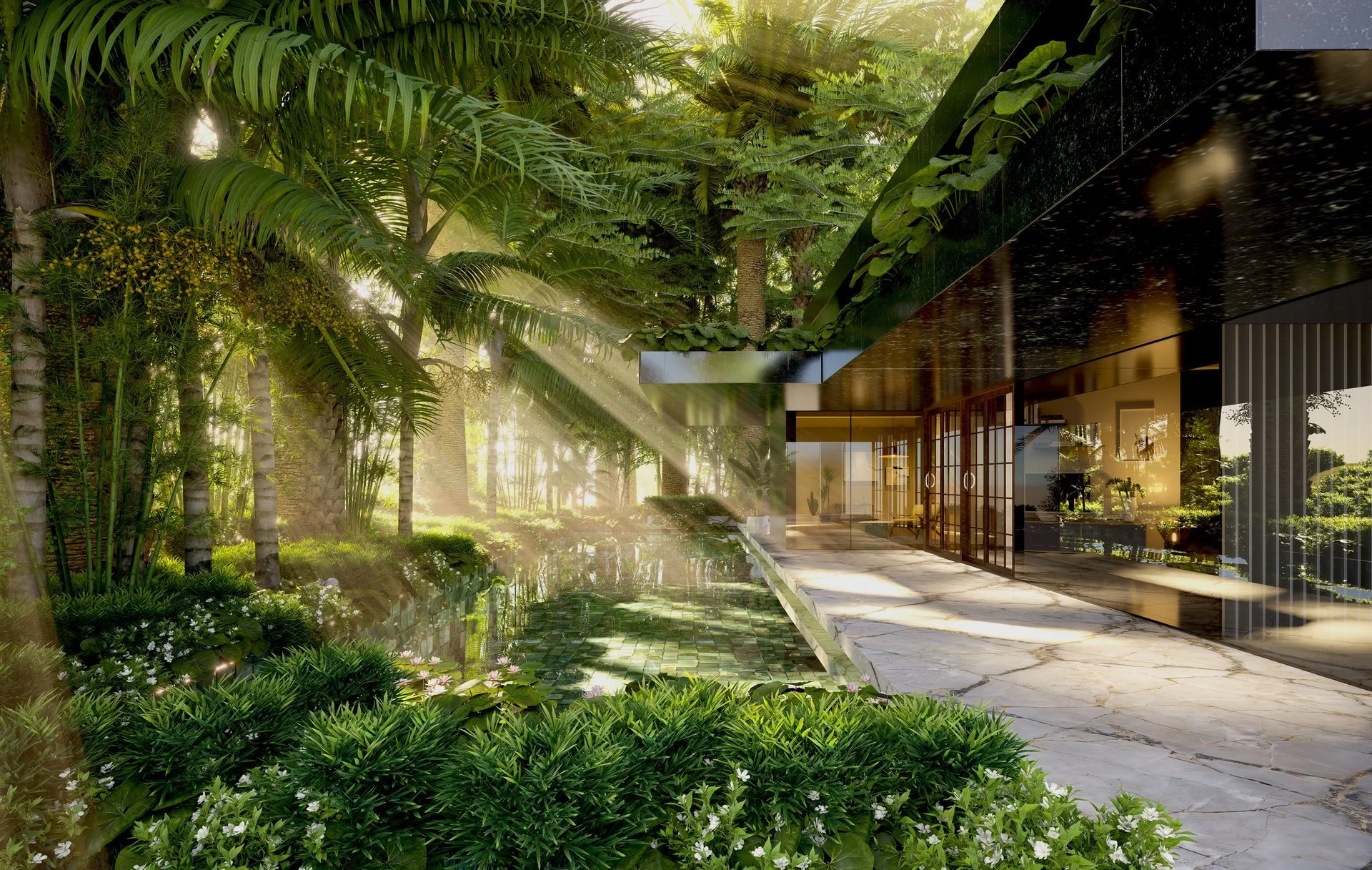 Villa de luxe avec piscine entourée de verdure au coucher de soleil
