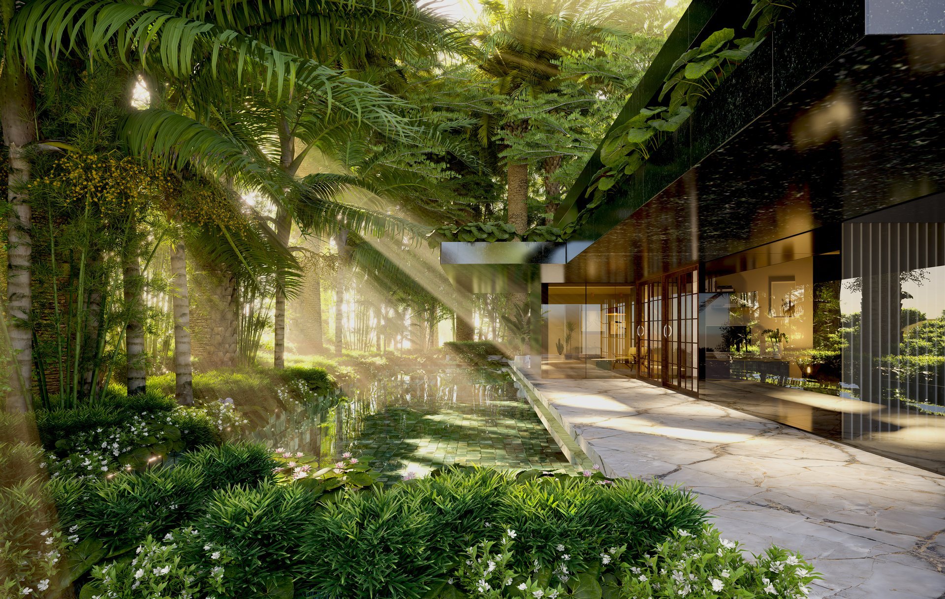 Villa de luxe avec piscine entourée de verdure au soleil couchant — Penthouse du Suquet