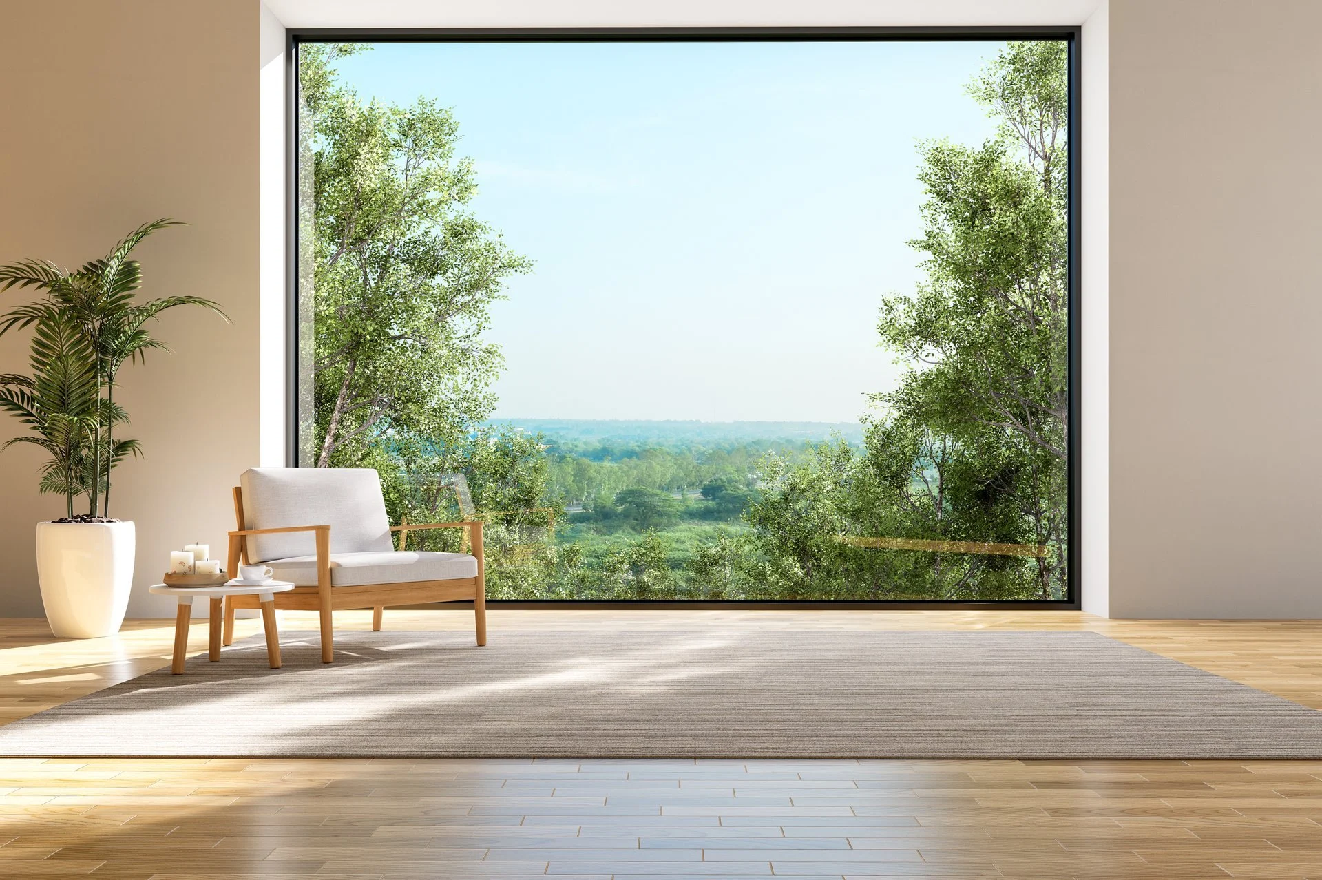 Salon contemporain avec grande baie vitrée sur la nature