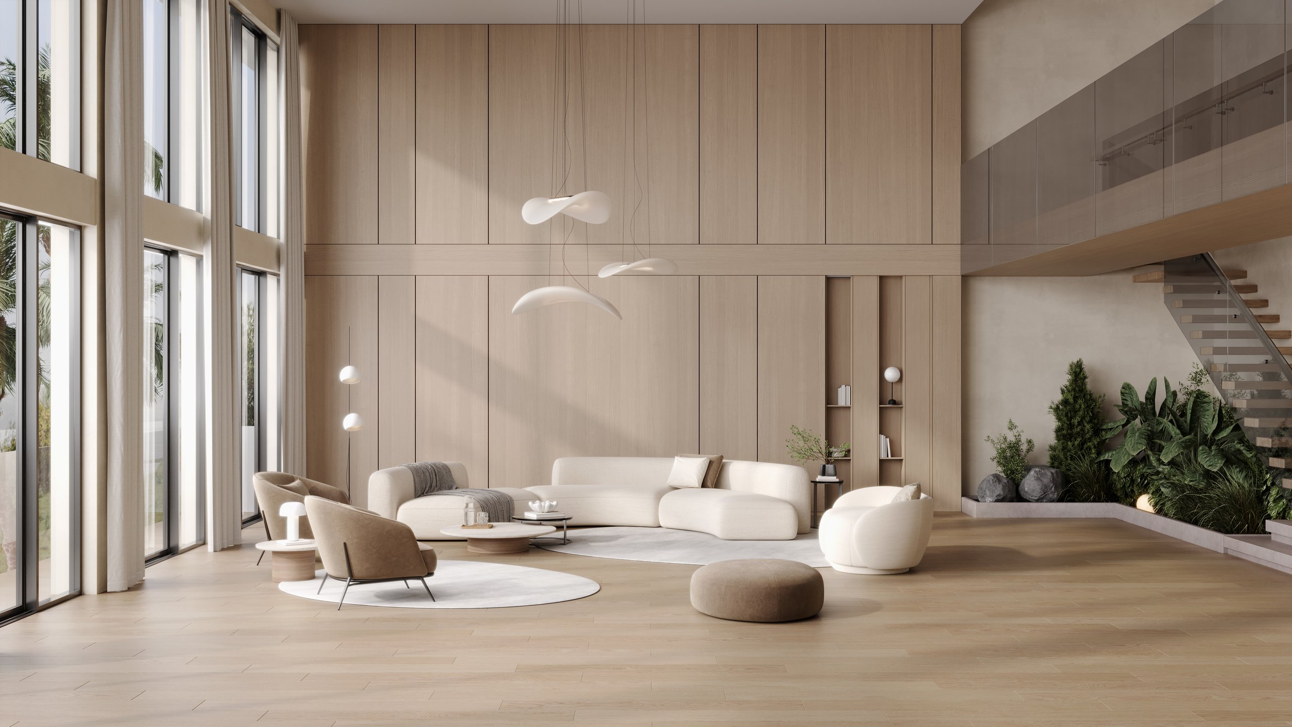 Villa moderne avec canapés beiges, murs en bois et baies vitrées — Appartement Croisette