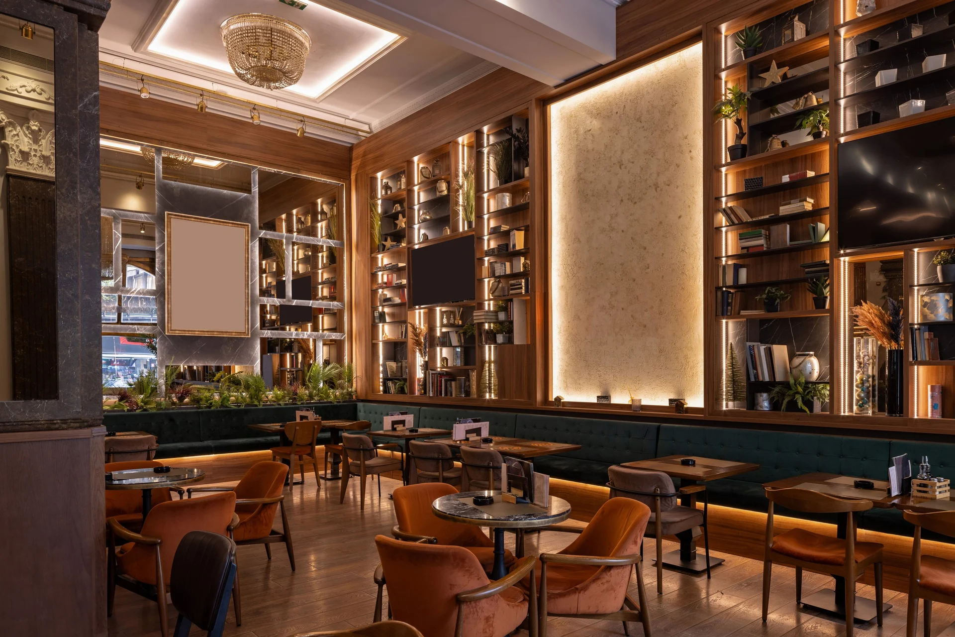 Elegant restaurant interior with chandeliers and warm lighting